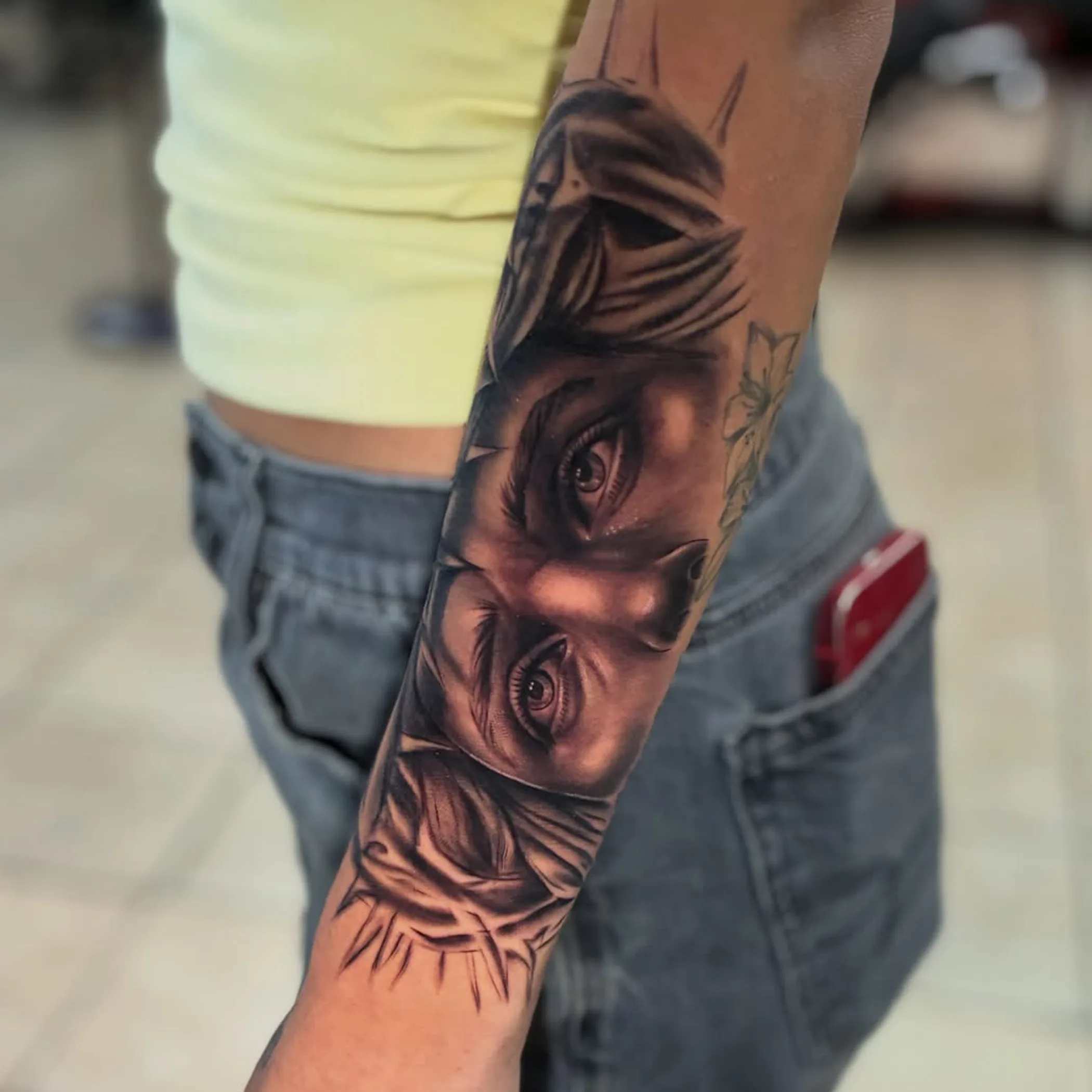 prominent tattoo close-up